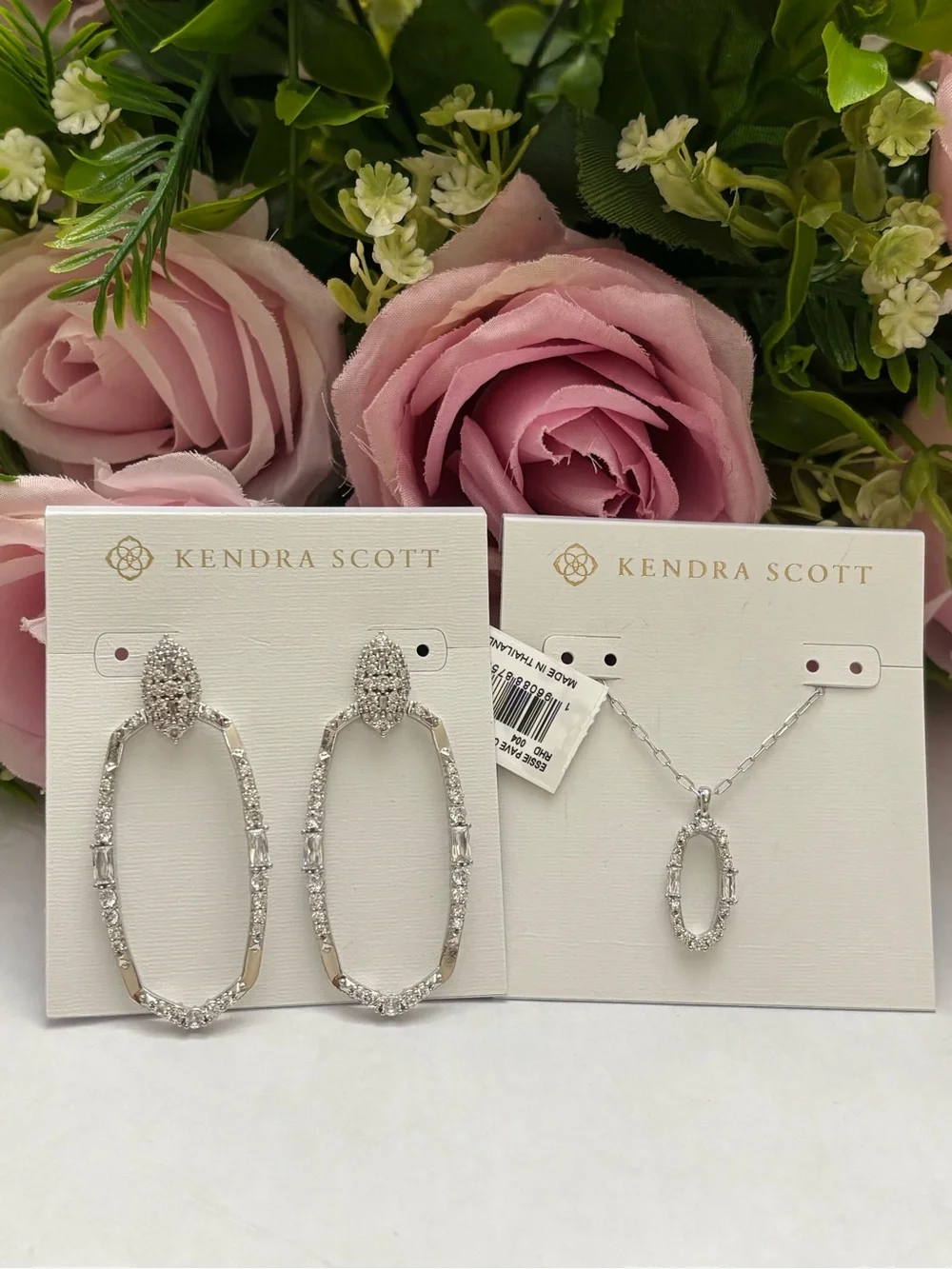NWT Kendra Scott set of Essie Open Frame Earrings + necklace in silver White CZ